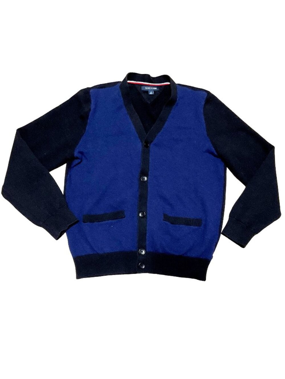Tommy Hilfiger Y2K Cardigan Sweater Sz L Blue Black Color Blocked Grandpa Mens